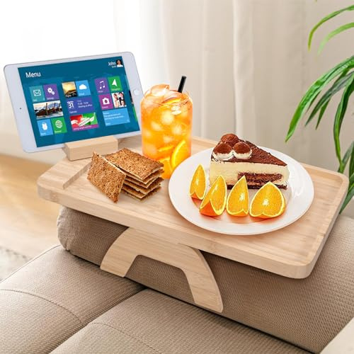 Bandeja de Sofá de Madera de Bambú con Soporte de Teléfono Giratorio de 360 ° Mesa de Brazo de Sofá Plegable para Aperitivos Bebidas Control Remoto