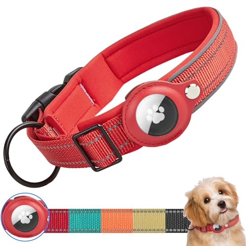 Ledeak vadderat hundhalsband för AirTag, reflekterande vattentät hundhalsbandshållare med skyddande fodral för Apple Airtag hundspårare, hållbara anti-förlorade hundhalsband för små medelstora hundar