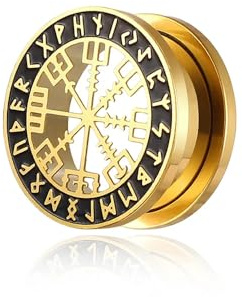 BlackAmazement 316L Edelstahl Flesh Ohr Tunnel Plug Piercing Vegvisir Aegishjalmur Aegishjalmr Wikinger Symbol Schreckenshelm Runen Kreis schwarz silber Biker Herren