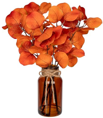 Hollyone 35 cm, rami di eucalipto artificiali, con vaso di vetro, arancia, decorazione autunnale, pianta in plastica, dollaro d'argento realistico, per decorazione da tavolo, ufficio