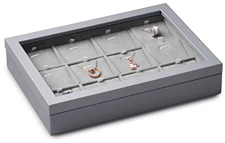 Papten Stapelbar Schmucktablett mit Deckel aus Leder, Schmuckkästchen Schmuck Organizer Schmuckaufbewahrung Schublade 12 Fächer für Halskette Kette, 25x18x4,5cm (Grau)