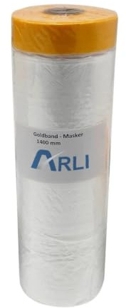 ARLI Goldband Masker 1400 mm x 25 m Abdeckfolie mit Klebeband Malerfolie Baufolie transparent HDPE Folie mit Washi Tape für Abdeckarbeiten im Innen- und Außenbereich