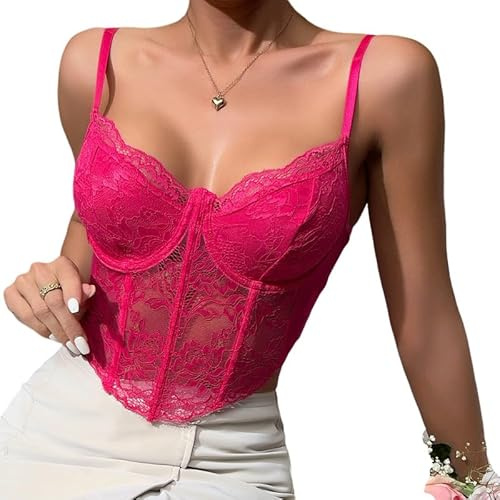 Haibang Top da Donna in Pizzo Canotta Donna Estiva Sexy Slim Fit Corsetto con Spalline Sottili Senza Maniche Crop Top Scollo a V Regolabile Canottiera Elegante Sottogiacca Aderente Bustier Clubwear