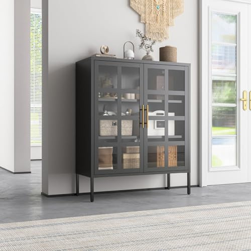 Mein-Regal Highboard Glasgow, Schwarz, Glasvitrine aus Metall, Büro | Beistellschrank für Wohnzimmer, Esszimmer, mit Glastüren im Industrial Style LxBxH 90x35x110 cm für Bücher und Deko