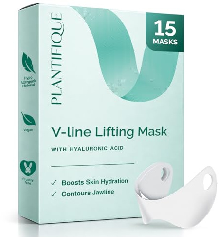 PLANTIFIQUE V-Line Collagen Mask för Ansiktet – 15-pack – Hakband för Kvinnor & Män – V-Line Lyftande Mask med Kollagen & Hyaluronsyra – V-Formad Ansiktsmask för Fastare Hud på Haka & Hals