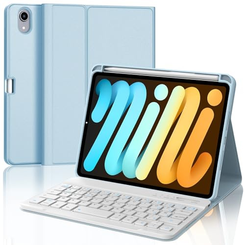 JADEMALL AZERTY Étui avec Clavier Bluetooth détachable pour iPad Mini 7 (A17 Pro) 2024/Mini 6 8,3 Bleu Ciel