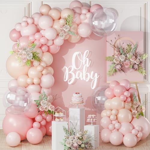 Kit de Arco de Globos Rosas, 122pcs Guirnalda Globos Cumpleaños Rosa Nude con Globos Rosa Pastel Rosa Macarrón, Decoración Cumpleaños Niñas Mujer para Baby Shower Compromiso Aniversario Boda Bautizo