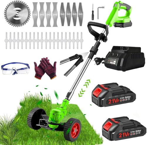 Decespugliatore a Batteria, Tagliabordi Elettrico 21V,Tagliaerba a Batteria con 2 2.0Ah Batterie e 4 Tipi di Lame, Ruote Rimovibili, Decespugliatori da Giardino Altezza Regolabile per Prati,Arbusti