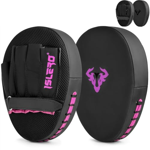 Islero Boxing Pads Men focus Mitts Punching Women MMA Muay Thai Martial Arts KickBoxing Hook and jab Hand Target Strike Shield Training Pads (Pink)