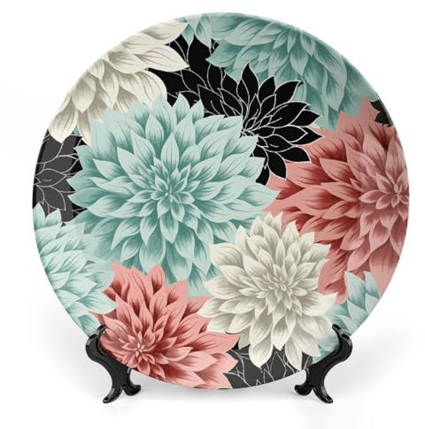 LYHVSFJW Dahlia Flower Ceramic Decorative Plate, Bone China Decorative Plate for Display, Personalized Boho Plates with Display Stand, Ceramic Ornaments Dessert Plates for Home Decor, Dinner