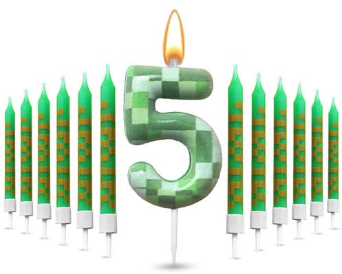 Glamifyr 13 Stück Kerze 5 Geburtstag Junge, 3D Tortendeko Junge Geburtstagskerzen Zahlen 5, Kerzen Grün Pixel Geburtstagskerzen Kerze 5 geburtstag mädchen Cartoon Gaming Themen Torteparty Deko