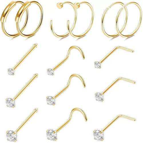 PonFxp Gold Nose Stud, 15 Pcs Gold Nose Piercing Set, Nose Stud Golds For Women And Men, Nose Piercing Jewelry For Daily Wear And Parties, 0.8x7mm Studs And 0.8x8mm Rings