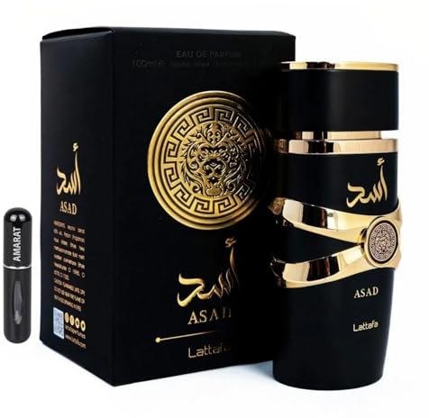 Lattafa Asad Eau de Parfum 100 ml, Perfume Árabe para Hombre de Larga Duración, Incluye Atomizador, Fragancia masculina árabe intensa ambarada especiada con vainilla tabaco y haba tonka (Asad)