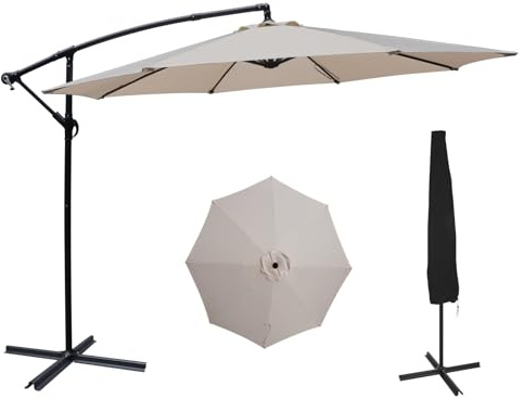 PULUOMIS Garden Umbrella Parasol, 3M Garden Cantilever Parasol with Cross Base and 8 Ribs, Outdoor Banana Patio Umbrella with Cover and Crank Handle, Sun Shade for Patios and Cafes, Beige
