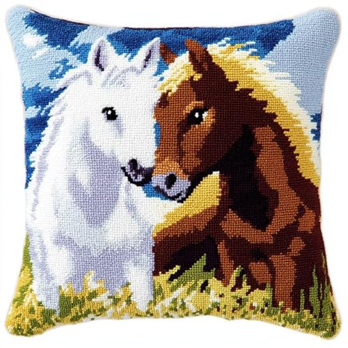 WallustrioaW Tier Pferd Knüpfkissen Set,Zwei Pferdepaare im Gras,Knüpfkissen Set für Anfänger Erwachsene oder Kinder zum Selber Knüpfen,DIY Knüpfteppich Knüpfpackung,43x43cm