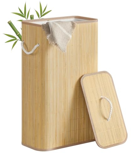 SONGMICS Cesto para la Ropa Sucia con Tapa, 60 L, Bambú, Rectangular, con Asas, Plegable, Forro Extraíble Lavable a Máquina, Natural LCB076YZ01