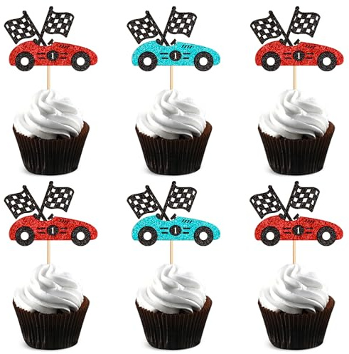 Cyodoos 24Pcs Race Car Cupcake Toppers Sparkling Trophy Flag Racing Cake Decorations Racing Theme Party Supplies