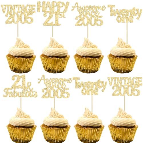 Gyufise 30Pcs Happy 21st Birthday Cupcake Toppers Glitter Twenty One Vintage 2005 Cupcake Picks Cheers to 21 Fabulous Cake Decorations for Happy 21st Birthday Wedding Anniversary Party Supplies Gold