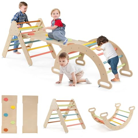 GOPLUS Klettergerüst Indoor, 4 in 1 Kletterdreieck & Kletterbogen & Leiter & Rutsche, Sprossendreieck Spielplatz zum Klettern, Rutschen und Wippen, für Kleinkinder ab 1 Jahre (Macaron bunt)
