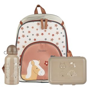 Sterntaler Kindergarten Set Bauernhof & Pferd Sunny – Mädchen Multipack mit Pferd-Motiv – Enthält Kinderrucksack mit Kühlfunktion, Brotdose und Trinkflasche – Farbe Ecru