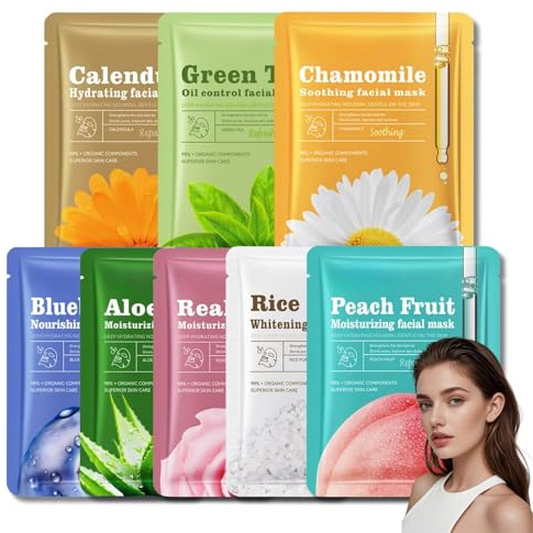 8 Stück Gesichtsmaske Set Tuchmasken Gesicht mit Natürlichen Frucht-Blumen Extrakten für Feuchtigkeitsspendende Hautpflege Ideal für Gesichtsmaske Frauen Männer Kosmetik Geschenke für Teenager Mädchen