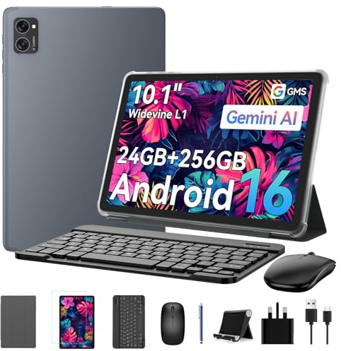 KINGRID Tablet, 2026 Lastest Android 16, 10.1 Inch 2 in 1 Tablet Bundle, 24GB RAM 256GB ROM /2TB TF, T615 Octa-Core AI Tablets, with Keyboard, Mouse, Case, Stylus, 5G WiFi, 5000mAh, Dual Camera, GPS