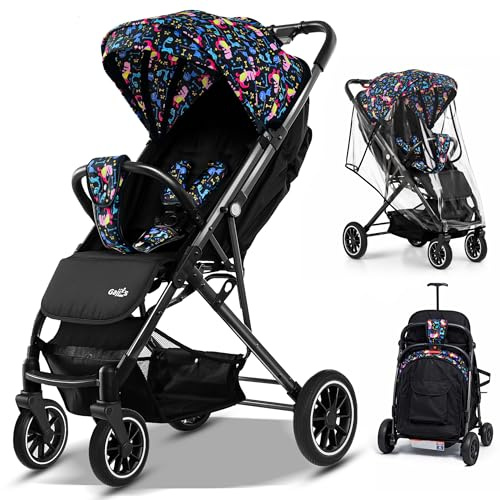 FK Sports Baby Pushchair Stroller from Birth to 3 Years Lightweight Foldable Travel Buggy with 5-Point Harness, Adjustable Seat and Oversized Basket with Cup Holder Smooth Swivel Wheels (Cartoon)