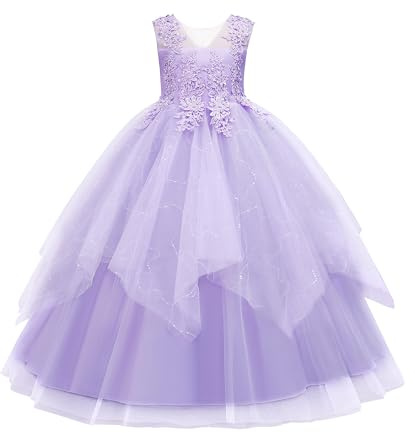 LOLANTA Prinsessklänning med blomsterflickor, barn, bröllop, bal, fest, balklänning, spets, tyllklänningar, flickor, elegant, festspel, födelsedag, karneval, jultillfälle, rosa/vit/blå, Lila, 10-11 År