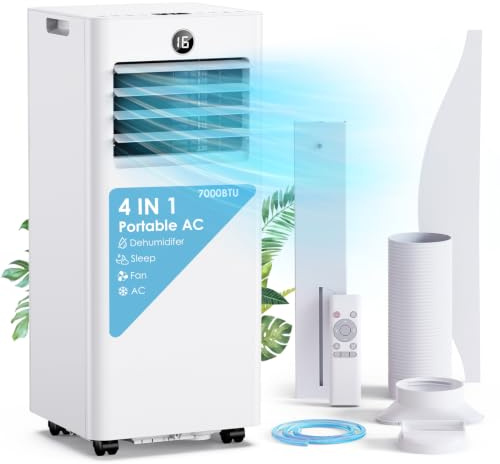 Aire Acondicionado Portatil 7000 BTU con Kit Ventana, 4 en 1 Refrigeración/Ventilador/Deshumidificador/Modo Sueño, Mando a Distancia, Temporizador 24h, Ruedas 360°, Silencioso para Dormitorio Oficina