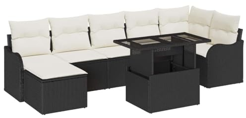 VIHHQGC Gartenmöbel-Set 8 Stücke Schwarz Poly Rattan Sofa-Set mit Kissen und Glas-Tisch