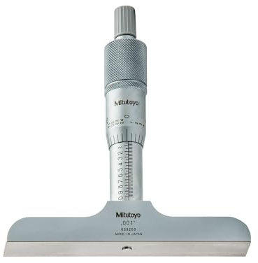 Mitutoyo 128-105 Vernier Depth Gauge, Micrometer Type, 0-1 Range, 0.001 Graduation, +/-0.003mm Accuracy, 2.5 x 0.63 Base