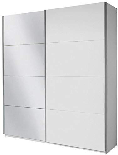 Rauch Möbel Quadra Kleiderschrank, Schwebetürenschrank, 2-türig, 1 Spiegeltür, inkl. Zubehörpaket Basic 4 Einlegeböden 2 Kleiderstangen, Farbe Alpinweiß, BxHxT 136x229x62cm