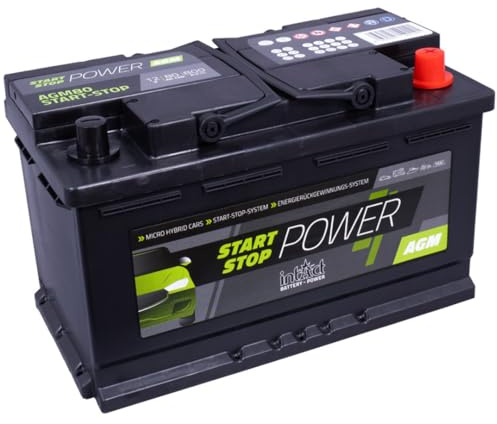 intAct AGM Start-Stop-Batterie 12V 80Ah 800A, wartungsfreie AGM Batterie mit Schnellladetechnologie, für Start-Stop-Fahrzeuge, Maße (LxBxH): 315x175x190mm, Pluspol rechts