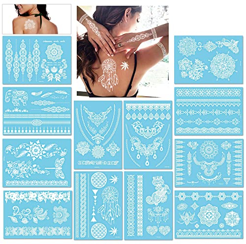 Konsait Tatuajes temporales para adultos mujer Niño (12 hojas), impermeable bianco tatuajes temporales para brazo pecho y espalda