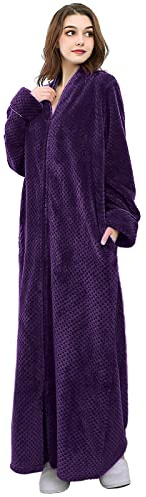 Hellomamma Bata de invierno cálida de felpa para mujer, bata de baño larga de forro polar con cremallera, batas de baño con cremallera para mujer, Morado, X-Large