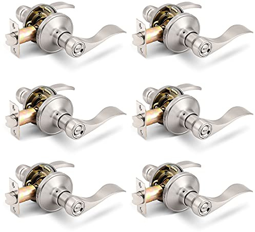 Gobrico 6 Pack Privacy Locksets Interior Door Levers/Handles for Bedroom Bath, Wave Levers, Right Left Handed Door Knobs, Satin Nickel Finished