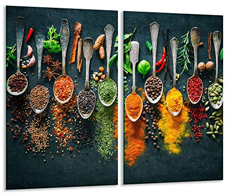 TMK - Plaque de protection universelle pour plaque de cuisson 2 x 30 x 52 cm Pour plaques de cuisson Protection contre les éclaboussures Planche a découper en verre trempé Décoration, motif Épices