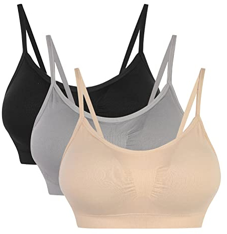 Vertvie Dam stretch utan bygel, push-up-, yoga-, sport-bh, uppsättning för fitnessträning, stoppning, 2-pack / 3-pack, Svart + hud + ljusgrå, L