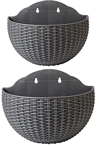 SENCC 2 vasi da fiori in rattan finto da appendere alla parete, a semicerchio, per esterni, con foro di drenaggio e ganci, cestino da giardino in plastica per recinzione del balcone (grigio)