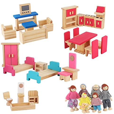 Foreverup Puppenmöbel - 25-teiliges Holzspielset mit 6 Holzfamilienpuppen für Puppenhäuser (Kinderschlafzimmer)