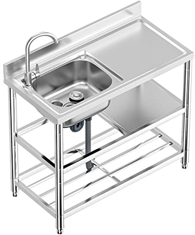 Lavello in Acciaio Inox Professionale 1 Vasca (Sinistra), 100 × 50 × 94 cm Lavandino Commerciale con Rubinetto, Lavello da Cucina Autoportante per Cucina, Ristorante, Caffè, Garage, Interno, Esterno