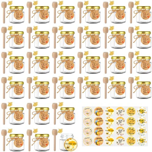 GIVAMEIHF Mini Glass Honey jars-1.5 oz,30 pcs Hexagon Honey Jars with Wooden Dipper,Gold Lid,Bee Pendant,Rope,Mini Honey Jars with Dipper,Perfect for Baby Shower,Wedding Favors,Party Favors