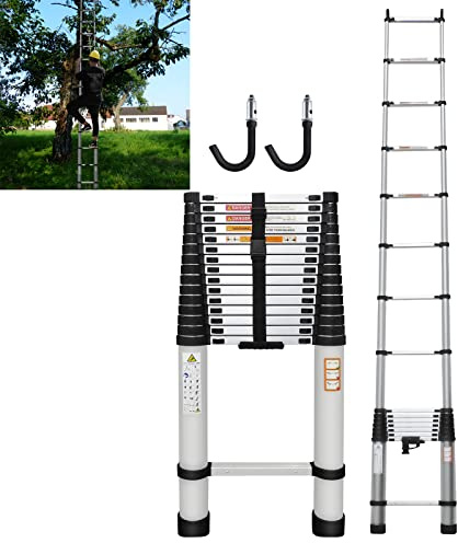 Tragbare Teleskopleiter, 6,2 m, Aluminium-Klappleiter, Erweiterbare Leiter mit 2 Abnehmbaren Haken, rutschfeste Gummifüße, Maximale Kapazität EN131 Zertifiziert, Verstellbare Stufe