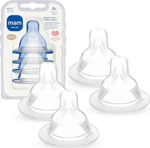 MAM Bottle Nipples Slow Flow Nipple Level 1, for Newborns and Older, SkinSoft Silicone Nipples for Baby Bottles, Fits All MAM Bottles, 4 Pack