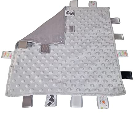 Royal Icon Baby Comforters tag blanket – Ultra Soft and Unique Design Taggies for Babies – Hypoallergenic Baby Taggy Blanket for Newborn Toddlers Boys and Girls 35x35 Cm (Grey - Ri15)
