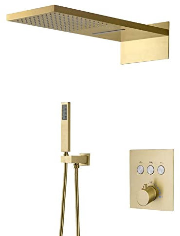 SWHC Duschsystem mit Thermostat, Duschsystem Unterputz Duschset Gebürstetes Gold Dusche Regendusche Set mit Duschkopf, Handbrause