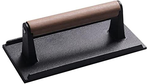 misppro Cast Iron Pre-Seasoned Bacon Press & Meat Weight, Heavy-Duty with Wood Handle, Burger Press, Grill Press, 21x11cm