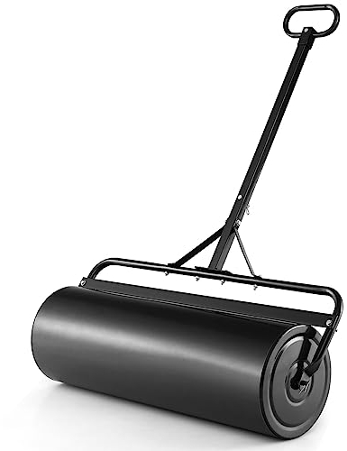 GOPLUS Rasenwalze 63L, 90cm Gartenwalze mit Schmutzabweiser, Handwalze befüllbar mit Wasser & Sand, Graswalze Rasenroller Ackerwalze für Garten & Park (Schwarz)