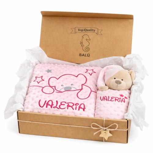 Balú Set Manta Bebé + Doudou Personalizado con Nombre Bordado (4 Colores) | Set Regalo Recien Nacido |Tejido suave lavable a 30° | Mantita apego | Listo para regalar | Composición 100% poliéster