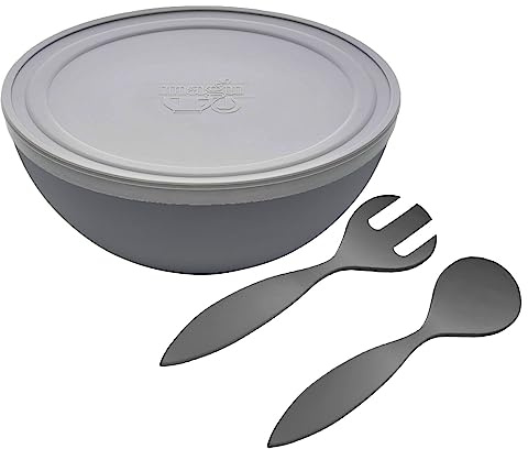 Magu Natur-Design Schüssel Anthrazit mit Deckel und Salatbesteck Ø 30 cm aus einem Polymer aus natürlichen Materialien Schüsselset Salatschüssel